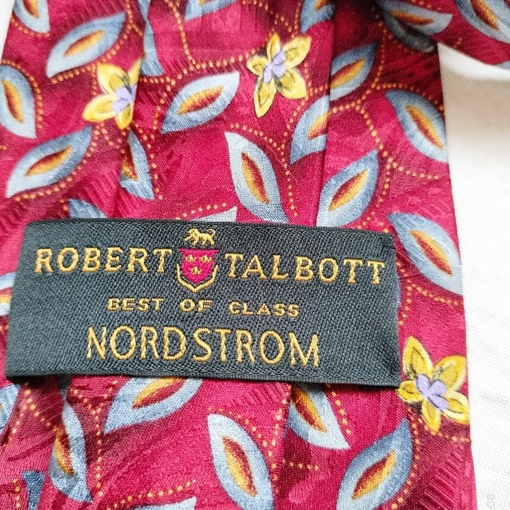 Robert Talbott Best of Class Necktie Tie Silk Red Yellow Flowers Leaf Classic T